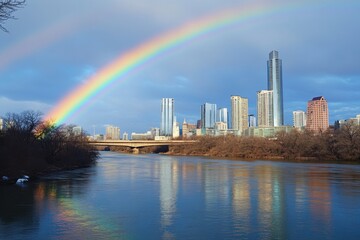 Fototapeta premium Vibrant Rainbow Over City Skyline