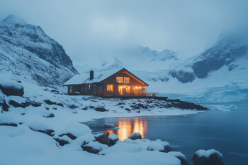 Fototapeta premium Cozy cabin glows warmly on a remote glacier path at dusk in a snowy landscape