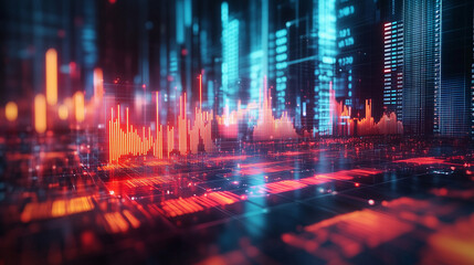 Obraz premium Futuristic Glowing Cityscape at Night with Dynamic Data Streams