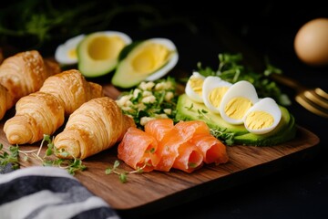 Mini croissants and fresh ingredients beautifully arranged on a wooden board