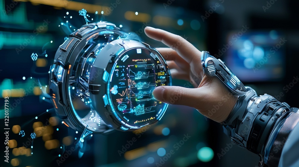 Poster futuristic technology interaction digital lab sci-fi imagery high-tech environment close-up viewpoin