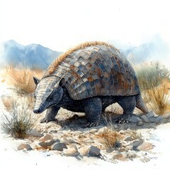 Fototapeta premium A detailed illustration of a large armadillo-like creature walking through a rugged, arid landscape