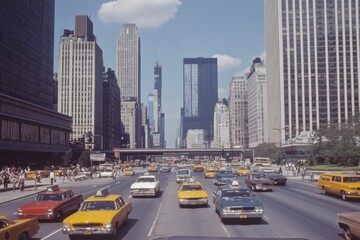 Bustling Avenue with Taxis and Skyscrapers in Background