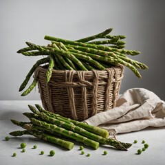 A bundle of fresh asparagus spears tied together with a twine string on a clean white backdrop.A bowl of vibrant green peas spilling over onto a white table.