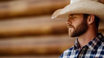 Peaceful Cowboy Portrait  Rustic Ranch  Plaid Shirt  Cowboy Hat