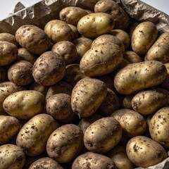 A pile of freshly harvested potatoes, some with dirt still clinging, on a white surface.