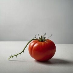 A perfectly round red tomato with its green stem intact, sitting on a white surface.