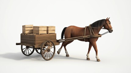 horse pulling a wooden cart with crates, against a white background, brown horse carriage isolated.
