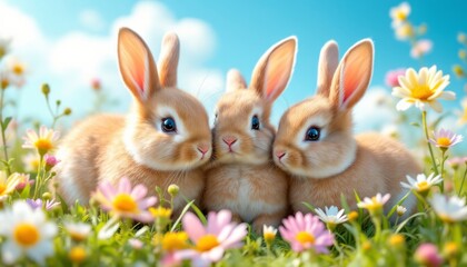 Obraz premium Three Adorable Bunnies in a Meadow Full of Colorful Flowers on a Sunny Day