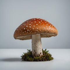 A single large mushroom with its cap facing upwards on a spotless white surface.