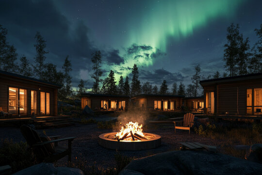 Cozy cabin circle with a communal fire surrounded by northern lights at night