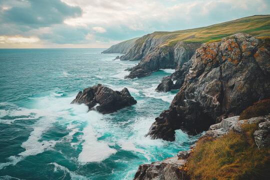 Dramatic coastline with crashing waves in a tranquil afternoon setting along a rugged cliff landscape - Powered by Adobe