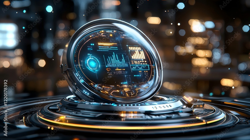 Poster futuristic holographic interface displaying data insights urban tech hub digital art high-tech envir