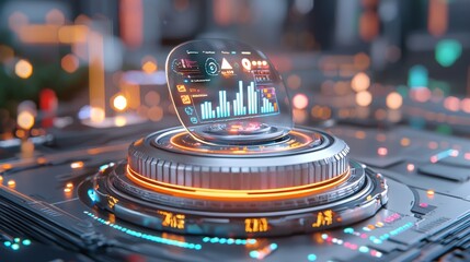 Futuristic data visualization hologram digital workspace technology illustration high-tech environment close-up view innovation concept