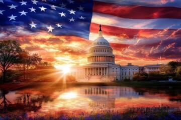Stunning Sunset Over the Capitol Building with American Flag Reflection in Water, Evoking Patriotism and National Pride in a Vibrant Scene