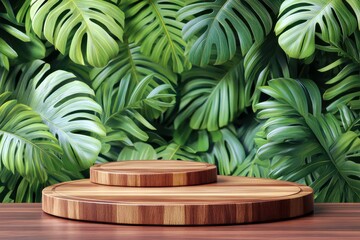 Fototapeta premium Wooden Display Stands on a Tropical Background Featuring Lush Green Monstera Leaves and a Smooth Wooden Surface Ideal for Product Photography