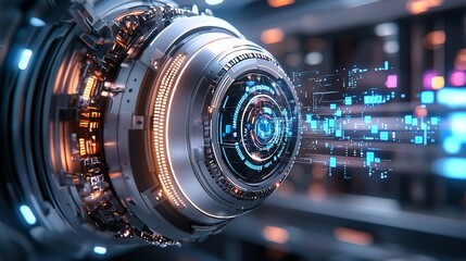 Futuristic technology exploration advanced robotics and data transmission high-tech laboratory digital art cybernetic environment close-up perspective