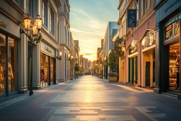 Obraz premium Sunset Over Luxurious Shopping District with Designer Stores