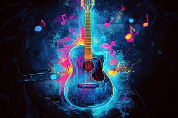 Vibrant Acoustic Guitar Surrounded by Colorful Musical Notes and Dynamic Splashes of Color Representing Rhythm and Harmony in a Modern Art Style
