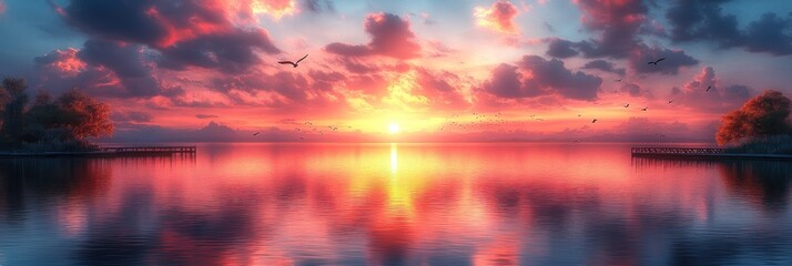 Fototapeta premium Serene Sunset over Calm Lake with Birds