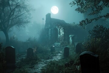 Eerie Graveyard at Night with Moonlight Illuminating Old Ruins and Tombstones in a Foggy Atmosphere Creating a Hauntingly Beautiful Scene