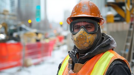 Obraz premium A construction worker wearing full safety gear at a job site.