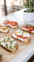 Rustic toasts topped with avocado, ricotta, tomatoes, and feta cheese