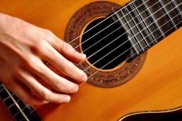 Fototapeta premium Close-Up of a Person's Hand Playing Classical Guitar with Intricate Rosette Design Highlighting Musical Texture and Artistic Craftsmanship