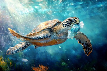 Fototapeta premium Sea Turtle Swims Underwater with Plastic Waste in Ocean Environment