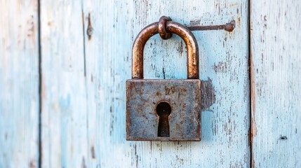Old Rusty Padlock on Weathered Blue Wooden Door with Keyhole for Security and Protection
