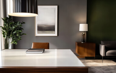 Modern workspace with minimalist design featuring a sleek desk and greenery