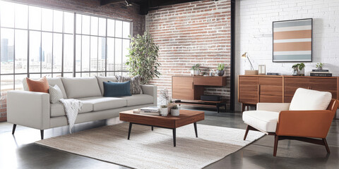 Fototapeta premium Modern living room interior with stylish furniture and large windows