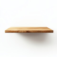 Empty light brown wooden shelf isolated on white background.