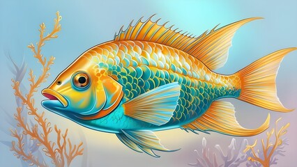 Fototapeta premium A vibrantly colored illustration of a majestic fish, likely a tropical species, surrounded by subtle seaweed and coral, with intricate scales shimmering in shades of turquoise, orange, and yellow, set