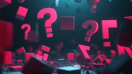 Pink question marks float over dark cubes; uncertainty concept