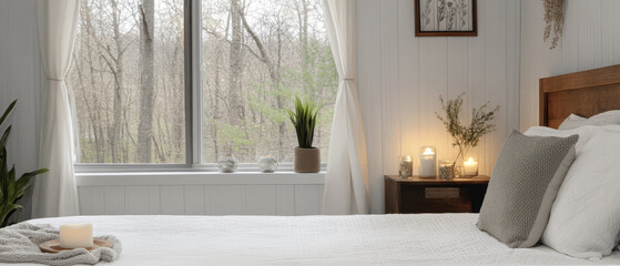 Fototapeta premium Cozy bedroom with calming natural light and peaceful garden view