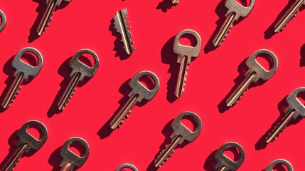 Obraz premium Arrangement of Metallic Keys on Vibrant Red Background, Ideal for Security and Access Concepts