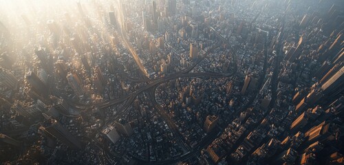 Bird's-eye view of a densely packed city with winding roads and towering buildings, the morning sunlight creating intricate patterns of light and shadow.