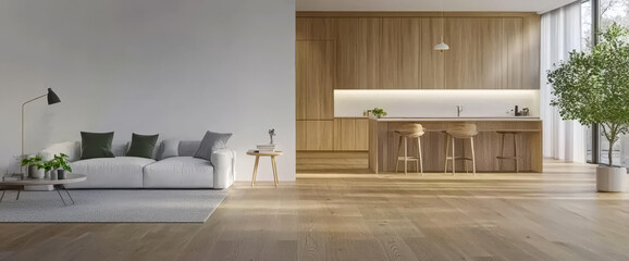 Modern living room and kitchen design featuring natural wood and minimalist decor