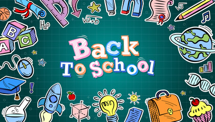 Colorful school and preschool diploma certificate for kids and children in kindergarten or primary grades with doodle elements on blue background. trendy school poster. Back to school. study concept.