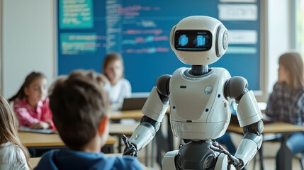 Fototapeta premium An AI-driven robot teaching students in a classroom.