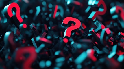 Red question marks floating, dark background, uncertainty concept, website banner
