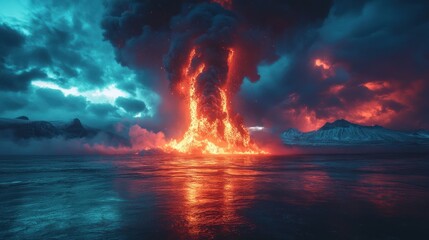 Obraz premium Apocalyptic Inferno: Fiery Eruption by the Sea