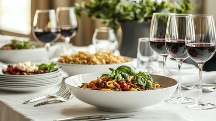 A table set with Italian pasta dishes and glasses of red wine.