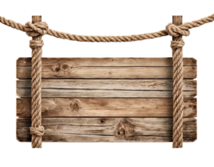 Wooden sign with ropes isolated on transparent or white background, png