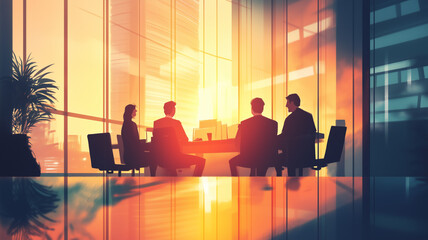 Executive Team Meeting in Sunset-Lit Office | Modern Business Collaboration Illustration