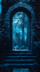 Fototapeta premium Stone archway, forest view, night, mystery, fantasy