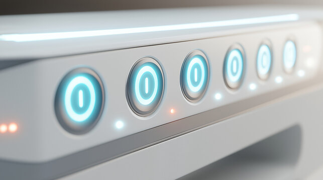 Power buttons on household appliances. Close-up of illuminated control buttons with numeric display on a modern household appliance, copy space