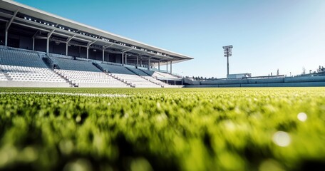 Modern football stadium view with green grass and empty seating under clear blue sky showcasing vibrant sports architecture and serene atmosphere