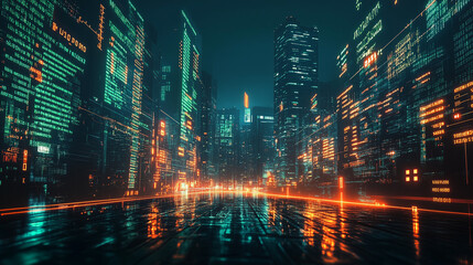 Obraz premium Futuristic City Nightscape With Glowing Buildings And Reflections